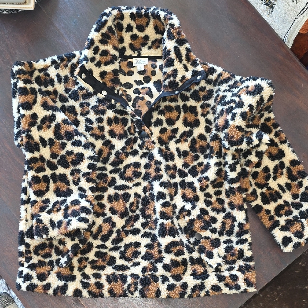 J. Crew Leopard Print Fleece 3/4 Snap Neck M